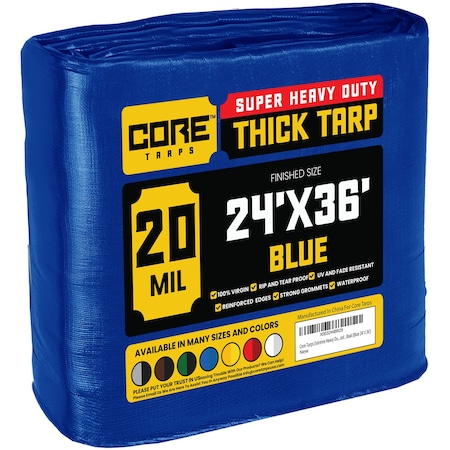 Heavy Duty Tarp, 36 ft L x 0.5 mm H x 24 ft W, 20 Mil, Blue, Polyethylene